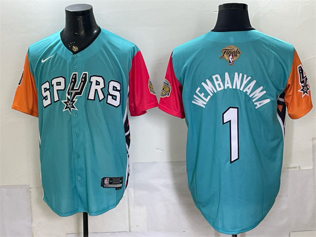 Men's San Antonio Spurs #1 Victor Wembanyama Teal 2026 Finals Patch Stitched Baseball Jersey